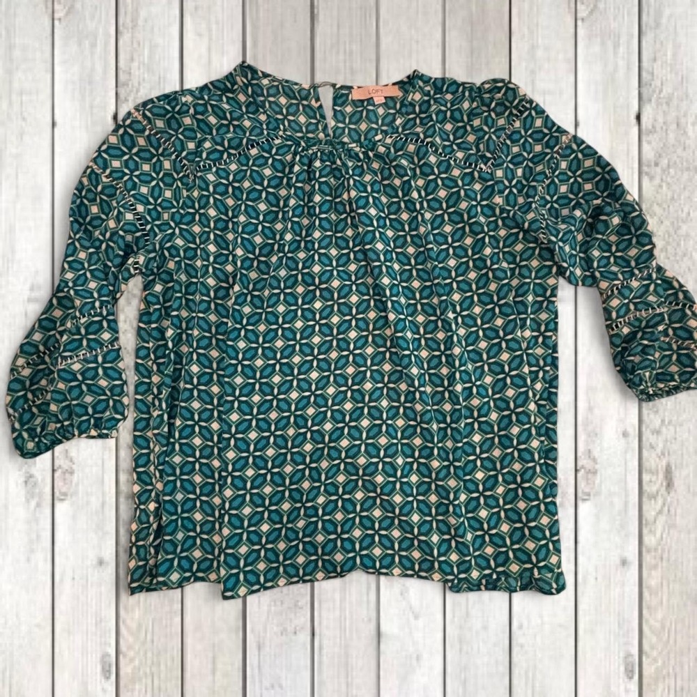 LOFT Womens XXL Teal Geometric Print Ruffle Long Sleeve Blouse Top